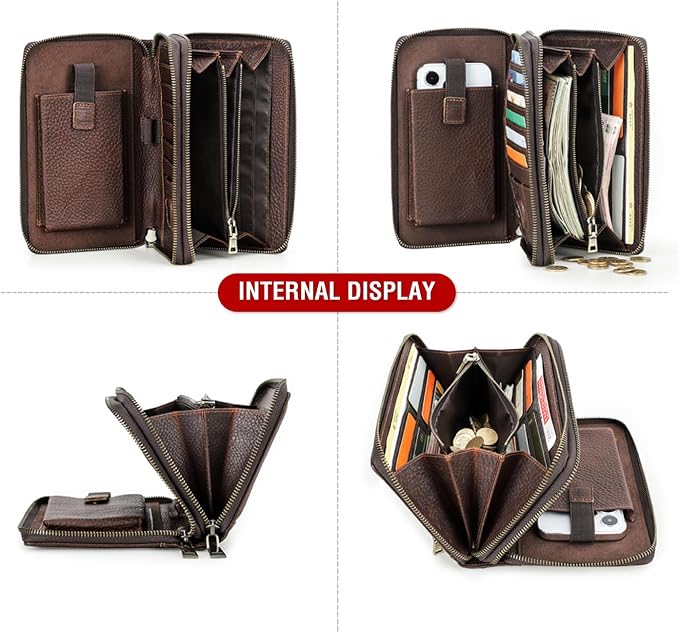 Top Grain Genuine Leather Zipper Clutch Wallet for Man & Woman, Handmade Vintage Design, Multi Slots & Side Pocket & Strap, RFID Large Capacity for Cards/Checks/Passports/Phone/Pen/AirTag, Red Coffee