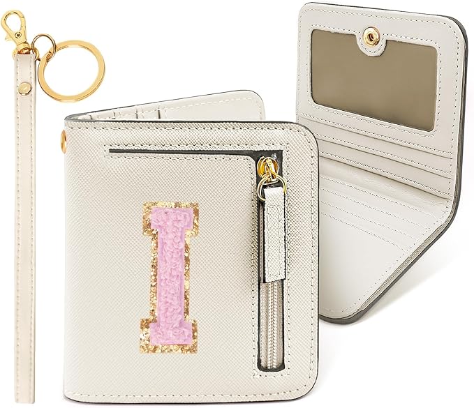 COSHAYSOO Preppy Wallet Gifts for Teen Girls Women Small Wallet RFID Bifold PU Leather Christmas Valentines Easter Mothers Fathers Day Nurse Appreciation Graduation Gifts Chenille Letter I Cream