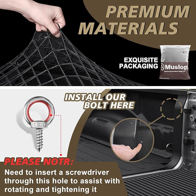 Muslogy Truck Bed Cargo Net Trunk Netting Compatible with Dodge Ram 1500 2019-2025 2026 Accessories, Pickup Cargo Organizer SUV Sedan Storage Net w/Heavy Duty Carabiners