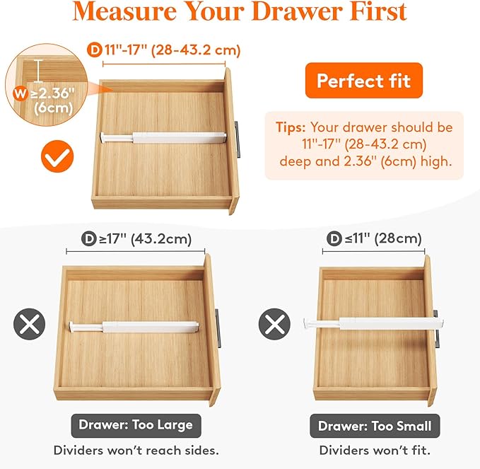 Lifewit 4 Pack 2.36" High Drawer Dividers 28-43.5cm/11-17" Adjustable Drawer Organizer for Clothes/Utensils, Expandable Drawer Separator in Dresser/Kitchen/Bedroom/Office Organization & Storage White