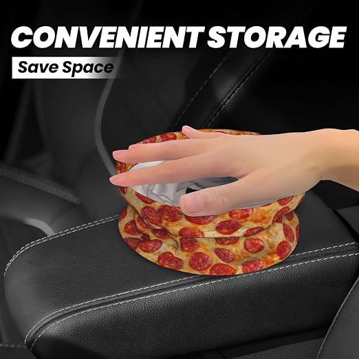 Car Garbage Bag Pizza Pepperoni Mini Car Trash Bin Portable Collapsible Waterproof Rubbish Bag for Car Accessories Back Front Seat Cup Holder