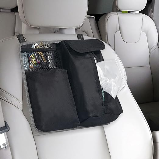 FH Group Hanging Car Organizer with Tissue Holder, GRAY Car Back Seat Organizer,E-Z Travel Organizer,Toys Car Storage Organizer, Kids Travel Storage for Baby Wipes, Food Holder Organizer