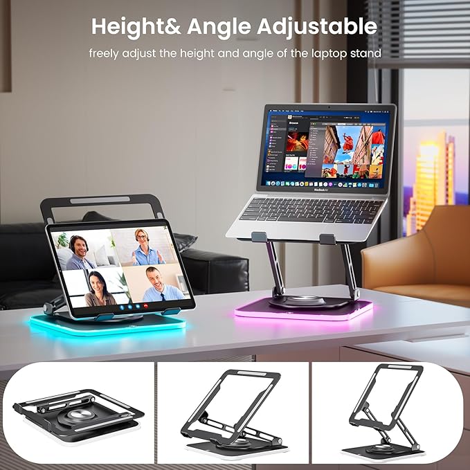 JOYEKY RGB Laptop Stand for Desk, Adjustable Ergonomic Laptop Riser with 360° Rotating Base, Foldable & Portable Computer Stand, Suitable for All 10-16” Laptops
