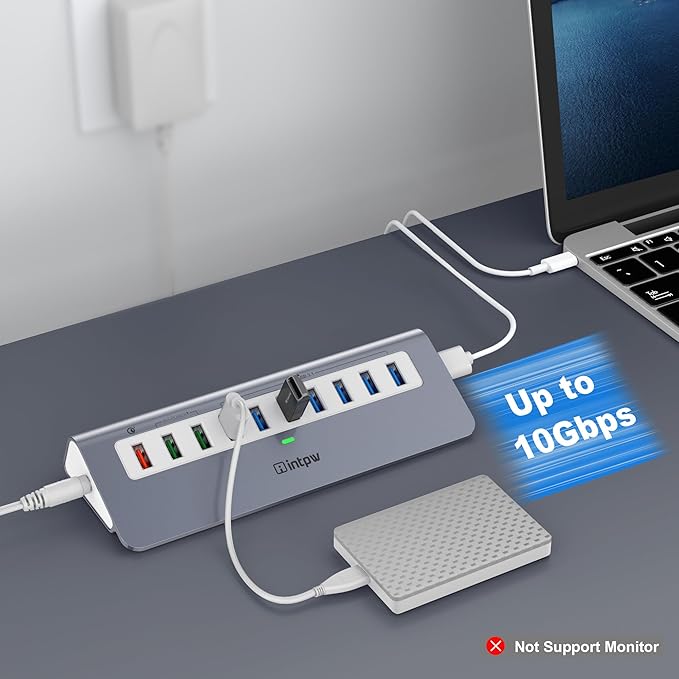 Powered USB Hub 10Gbps, 10 Port USB 3.2 Gen 2 Hub with 7 USB 3.2 Data Ports, 3 Fast Charging Ports, 36W Power Adapter, Type A and Type C Cable, Aluminum USB Data Hub for Mac, PC, Laptop