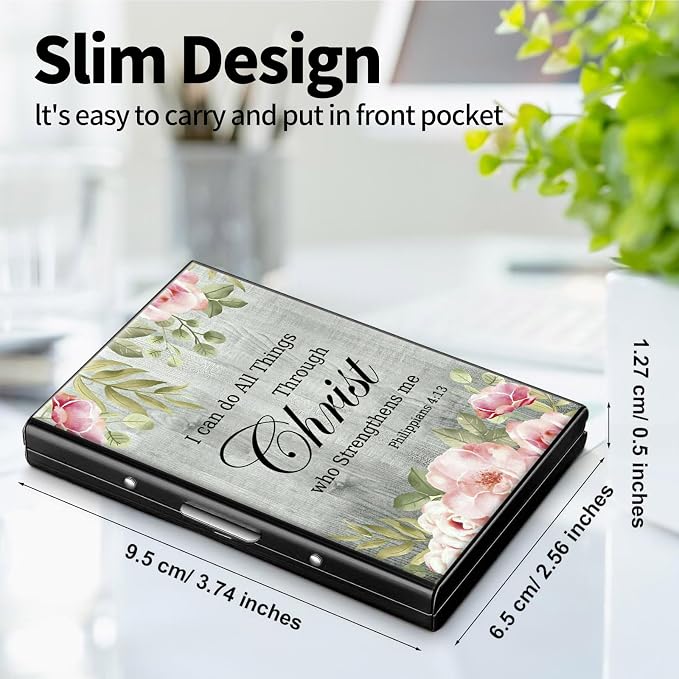 Metal Wallet for Women Men Girls, RFID Blocking Slim Aluminum Credit Card Holder, Mini Travel Wallet with Hard Shell, Lightweight ID & Business Card Case,Bible Verse Philippians 4-13