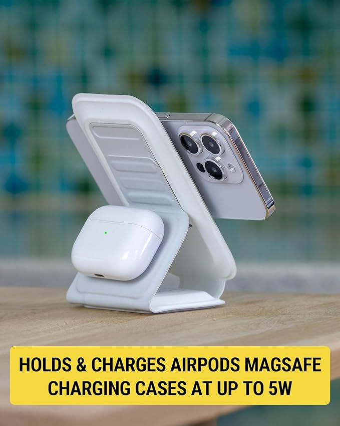 Scosche MSQFG2N1WT MagicMount Travel 2-in-1 Magnetic Dual Wireless Charging Station, Fast Charger Stand w/Foldable Flat Pad, Compatible with MagSafe Apple iPhone 16/15/14/13/12/Pro Max/Airpods, White