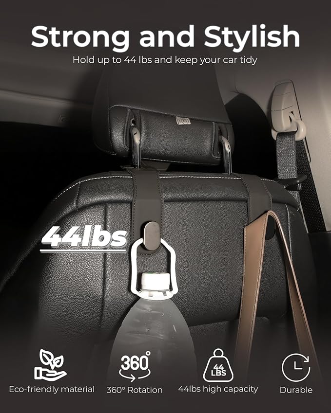 Car Headrest Hook, 2 Pack Car Seat Hooks, PU Leather & Stainless Steel Car Seat Organizer for Purses & Bags, Supports Up to 44 lbs Black