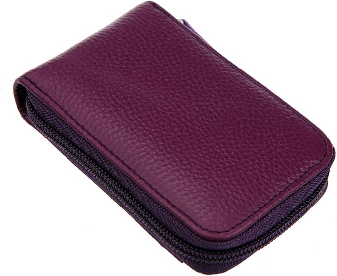 RFID Blocking Genuine Leather Mini Credit Card Case Organizer Compact Wallet with ID Window - Purple