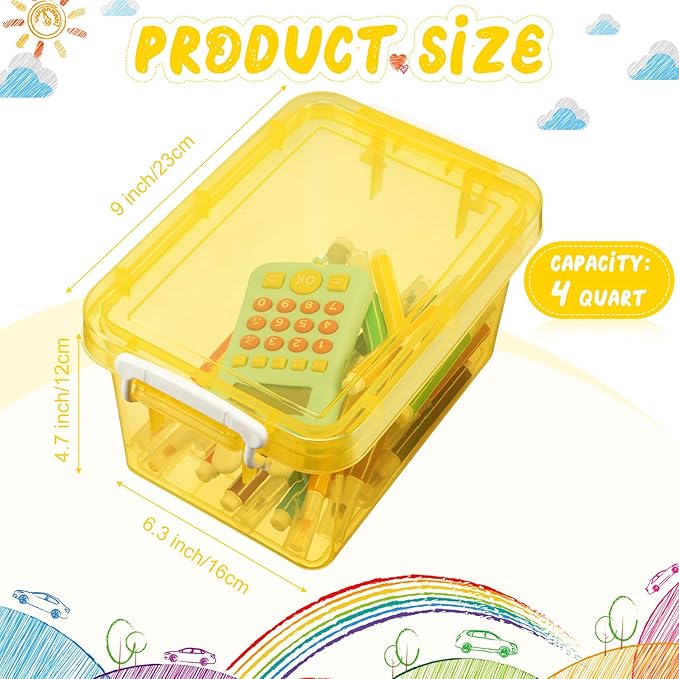 Wenqik 6 Pack Colorful Plastic Storage Bins with Lids 4 Quart Small Storage Latch Box Stackable and Nestable Clear Organizer Bins with Latching Handle and Buckle for Organizing(Yellow)