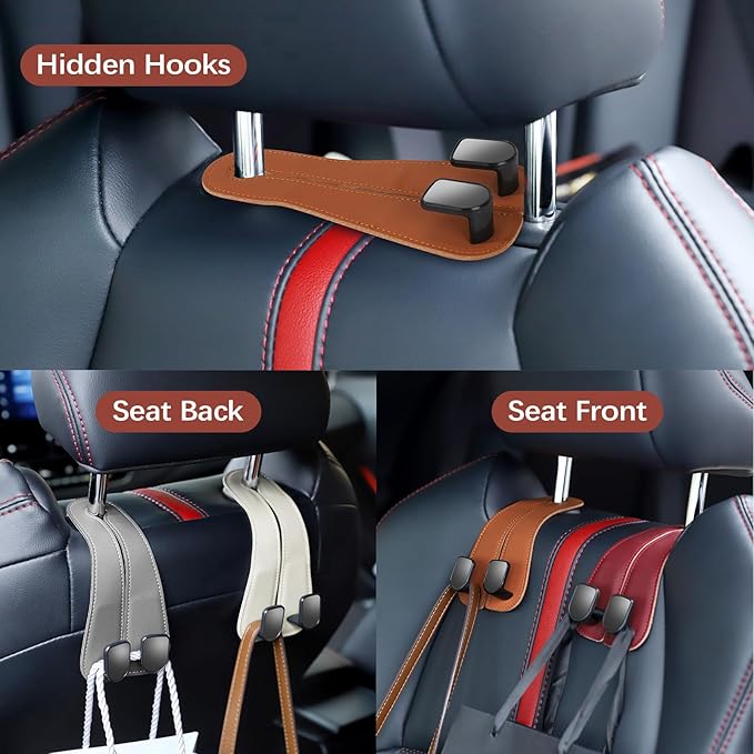 JOJOY LUX 2025 Automotive Seat Back Hooks,Leather Car Seat Hooks,Dual Headrest Organizer Hangers for Purses, Bags & Phones, 2 in 1 Car Headrest Hidden Hook for Tidy Organization,Pack of 2(Mocha)