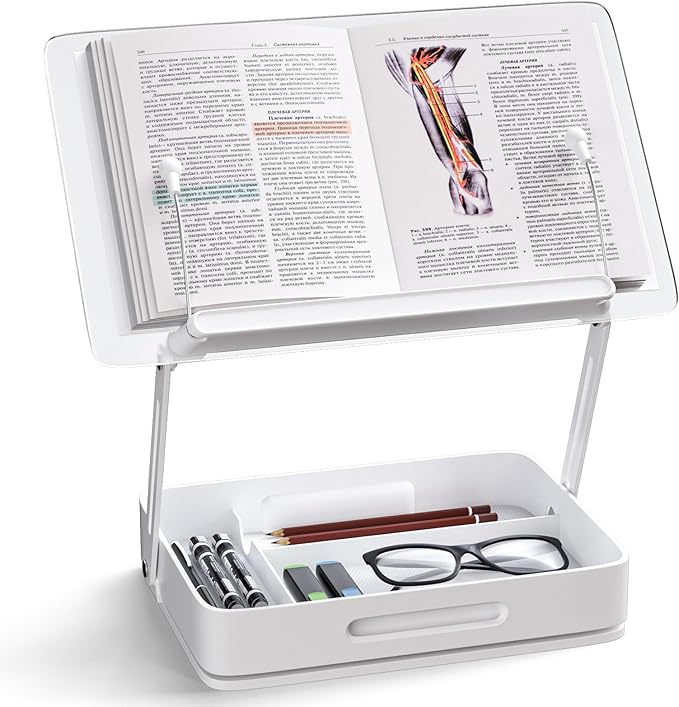 Book Holders for Reading, 360°Rotating Acrylic Book Stand with Storage Pen Slot, Foldable Desktop Riser Laptop Stand, Adjustable Book Reading Stand with Page Clips for Desk, Recipe, Cookbook Stand