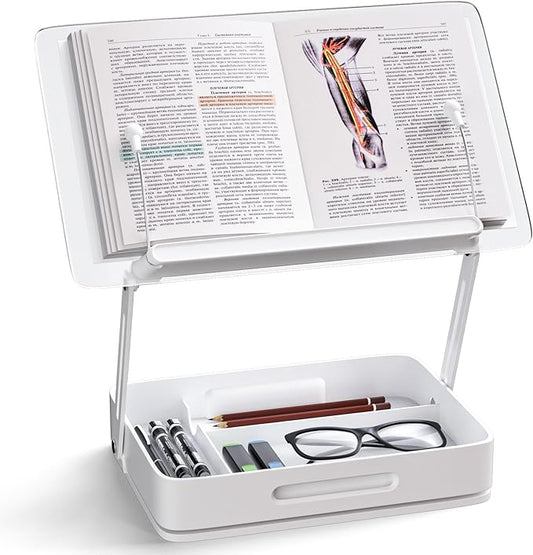 Book Holders for Reading, 360°Rotating Acrylic Book Stand with Storage Pen Slot, Foldable Desktop Riser Laptop Stand, Adjustable Book Reading Stand with Page Clips for Desk, Recipe, Cookbook Stand