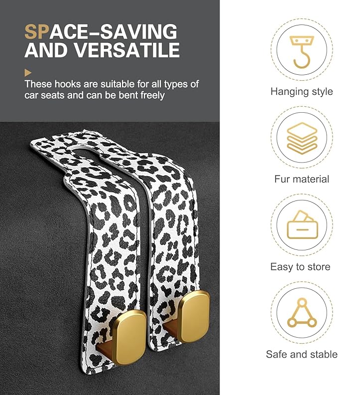 2 PCS Car Seat Headrest Hooks for Hanging, Double Heavy Duty Metal Hooks with Leopard Print, Car Organizer Accessories for Women, Universal for Most Cars, Trucks, SUVs (White Leopard Print)