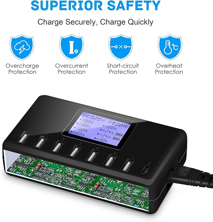 60W 12A 8-Port USB Charging Station - Multi Port USB Hub Charger - Compact Size LCD Display - Compatible with iPhone iPad Samsung Kindle Tablet Bluetooth Earbuds and More