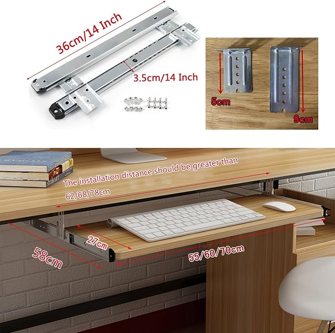 V3VOGUE Adjustable Keyboard Tray Under Desk Pull Out Keyboard Holder with Slides Rails - Smoothly Sliding - for Keyboard Mouse Drawer Platforms - Ergonomic Wooden Desk Extender