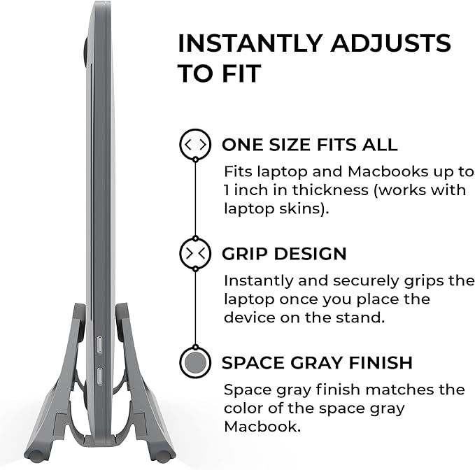 HumanCentric Vertical Laptop Stand for Desks in Space Grey, Upright Adjustable Holder to Dock Apple MacBook Stand, and Other Laptops to Organize Work & Home Office, Automatic Grip