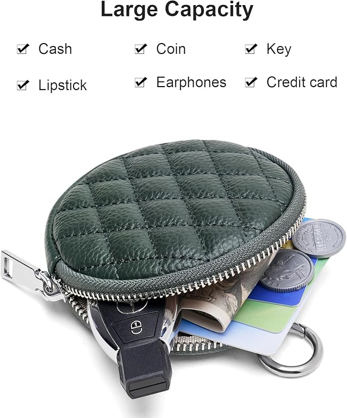 SENDEFN Leather Round Coin Purse for Women with Keychain Small Change Wallet Zipper Coin Pouch