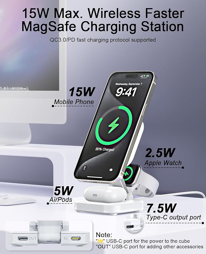 5-in-1 Magnetic Wireless Charging Stand for Apple MagSafe Charger with Night Light for iPhone 17/16/15/14/13/12, Watch, AirPods, Travel Magnetic Charger Nightstand Charging Station (Adapter Included)