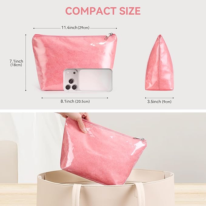WLLWOO PVC Waterproof Makeup Bag Kraft Paper Cosmetic Bag Travel Toiletry Zipper Pouch Organizer for Women Purse