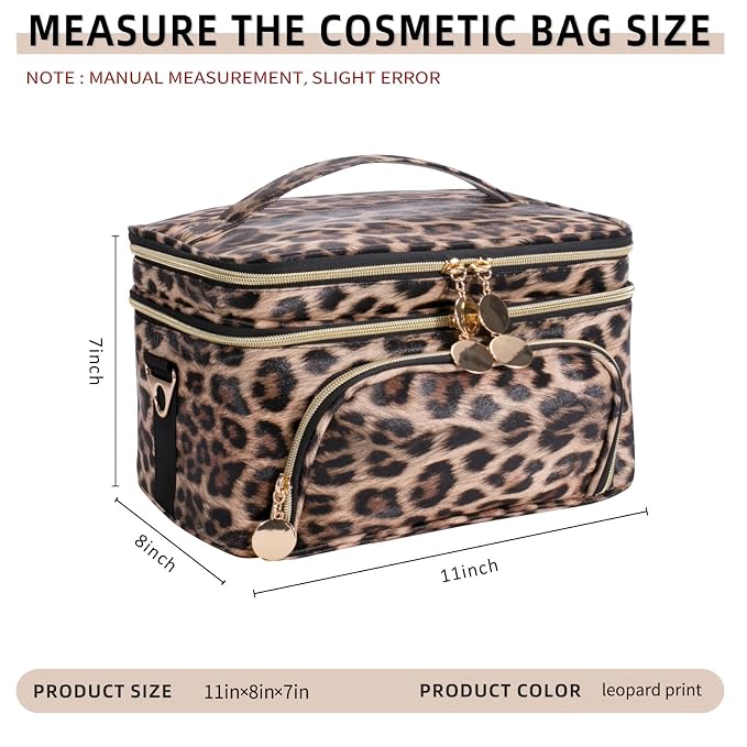 FITINI Double Layer Travel Makeup Bag,Women Cosmetic Organizer Case,Skin Care Essentials Toiletries Bags with Shoulder Strap Waterproof Brush Storage with Removable Dividers,Extra Large Brown Leopard