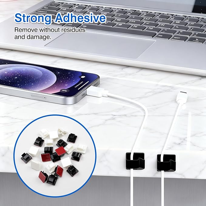 40-Pack Cable Clips with Strong Adhesive – Black & White Cord Holders for Wire Management in Home, Office, and Car