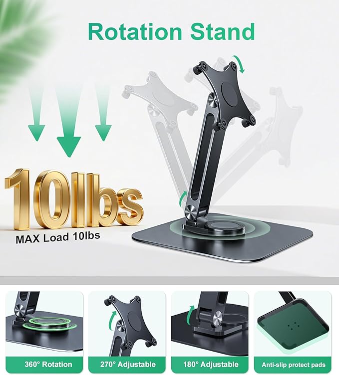 Portable Monitor Stand VESA 75x75mm Holes M4 Anti-loss Screws, Aluminum Alloy Base, Fits 7" to 18.5" Inch Small Monitors, Black Desk Mount (Not Fits100x100mm)