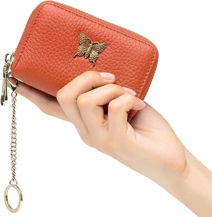 imeetu RFID Credit Card Holder for Women Genuine Leather Card Case Wallet with Zipper and Removable Keychain (Orange)