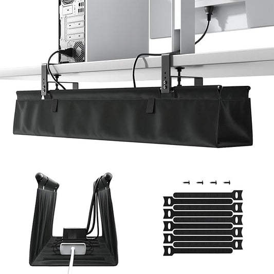No Drill Under Desk Cable Management Tray - 36" Clamp/Screw Desk Cord Management, Premium Fabric Cable Racyway for Office & Home