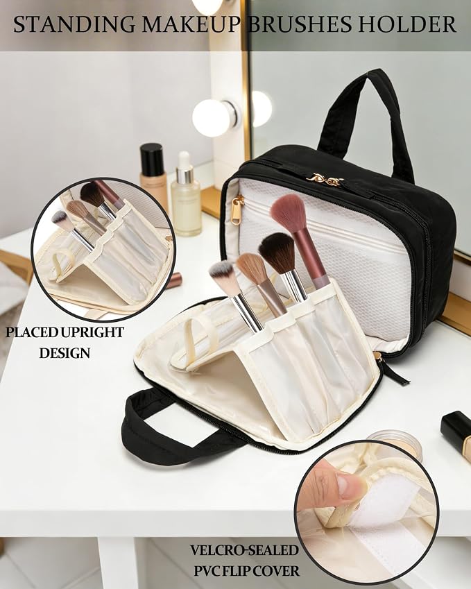 Small Makeup Bag, Travel Cosmetic bag, Toiletry Bag For Women, Make up Bag With Brush Storage, Hanging Toiletry Bag, Puffy Padded Makeup Organizer Case, Wide-open Travel Essentials (Black)