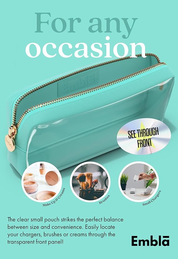 Embla Medium Clear Makeup Bag Travel for Toiletries Cute Make Up Nylon Organizer Pouches Quart Size Cosmetic Bags for Women Girls Zipper Toiletry Skincare Pouch Organizer for Purse Turquoise
