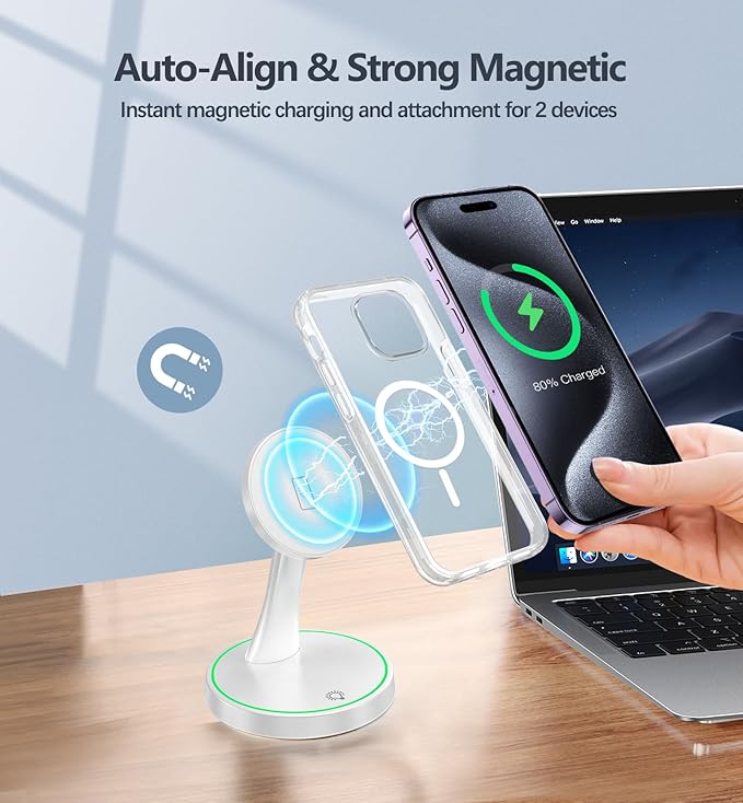 Magnetic Wireless Charger Stand 15W Fast Mag-Safe Charger for iPhone 17 /17 pro/ 17 Air/ 17 pro max 16/15/14/13/12 Series Magnet Wireless Charging Station/Pad with Sleep-Friendly Light for AirPods