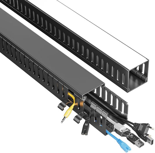 Yecaye 2 Pack Cable Management, 31in X-Large PVC Under Desk Cable Management, No-Drill Cord Hider Open Slot Wire Raceway for Computer/TVs/Networks, Cord Organizer Black