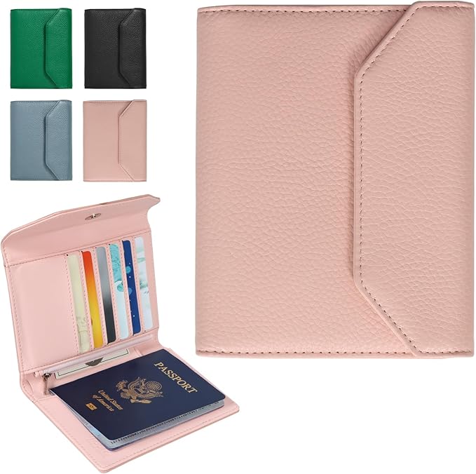 WHHMK Passport Holder for Travel,Rfid Passport Holder Protect Your Card Security,Passport Book Holder for Women,Travel Wallet with Cards & Pen Slots,Boarding Pass,Zipper Cash Pocket (Pink)