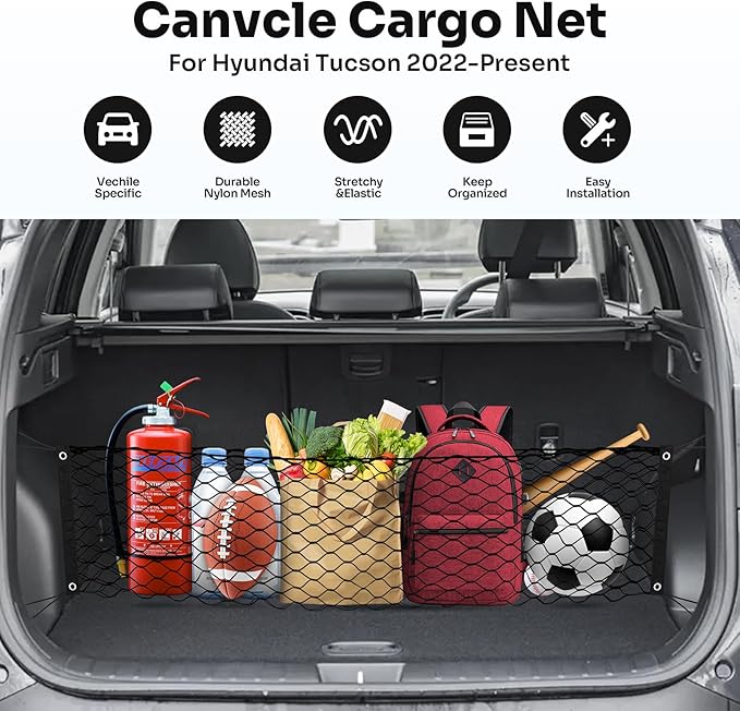 Canvcle Trunk Cargo Net for 2022-2025 2026 Hyundai Tucson Accessories Envelope Style Mesh Trunk Net Organizer and Storage Stretchable Adjustable Elastic Nylon Rear Cargo Netting with Hooks