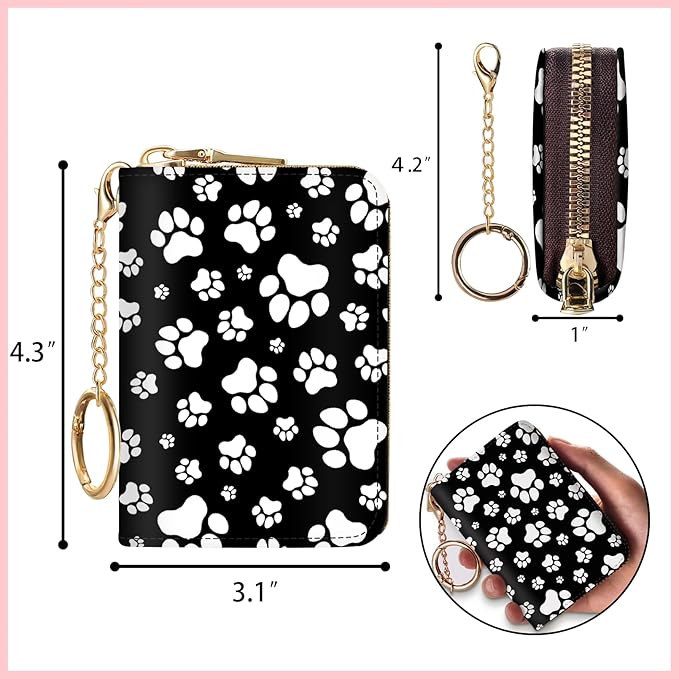 Blusabaca RFID Credit Card Holder Wallets for Women, Small Card Case Wallet with Removable Keychain and Zipper, Leather Card Holder Dog Paw Pocket Business Card Accordion Wallet