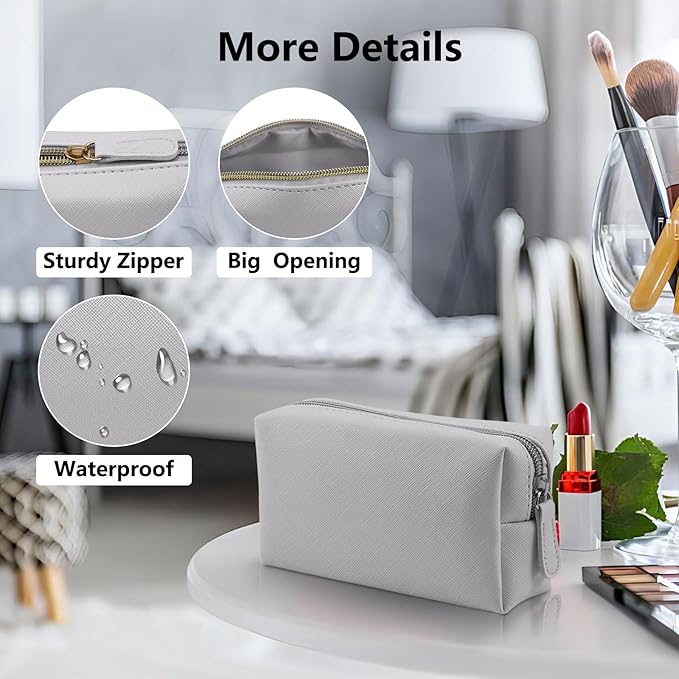 Leather Makeup Bag for Purse Travel, Portable Small Cosmetic Organizer for Women and Girls, Make up Bag with Zipper