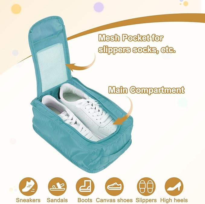 Foldable Travel Shoe Bag, Waterproof Shoe Pouches Organizer with Handle Travel Packing Cubes -Fitting for Storing (Sneakers/Sandals/Fitness Shoes) 2 Pcs & Light Blue