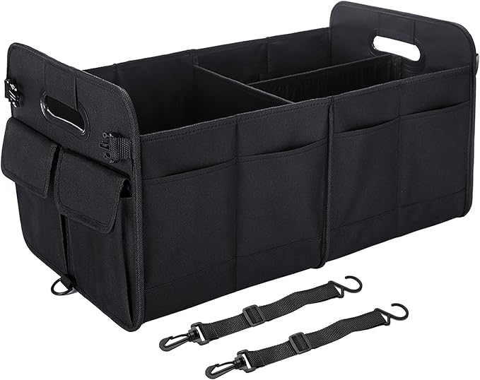 titiyiof Trunk Organizer For Suv & Sedan,Car Organizers and Storage, Waterproof Collapsible & Adjustable Straps,75L Sturdy Car Organization for Car Accessories, Tools,Sundries,2-3 Compartment（Black）