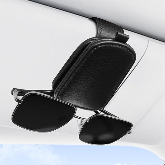 SINGARO Sunglasses Holder for Car, Leather Magnetic Buckle Sun Visor Sunglass Clip, Ticket Card Storage Glasses Clip, Car Interior Accessories for Men and Women（Black）