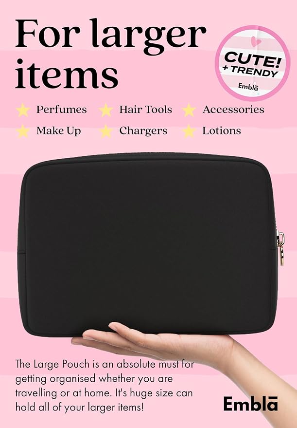 Embla Large Makeup Bag and Waterproof Nylon Travel Toiletry Bag, Large Capacity Cosmetic Zipper Pouch, Black