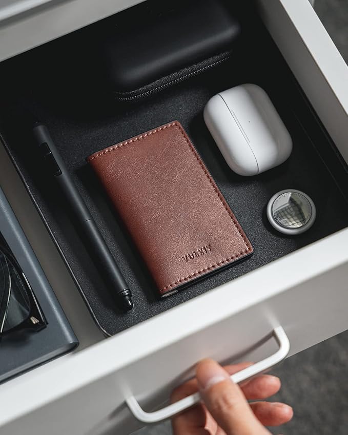 VULKIT Leather Business Card Holder 2 Sided Slim Business Name Card Organizer for Men or Women, Up to hold 20 cards (Vintage Brown)