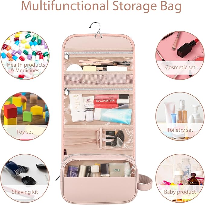 Fintie Portable Toiletry Cosmetic Travel Bag, Large Water Resistant Hanging Makeup Organizer Storage Pouch Case for Women Girls, Pink