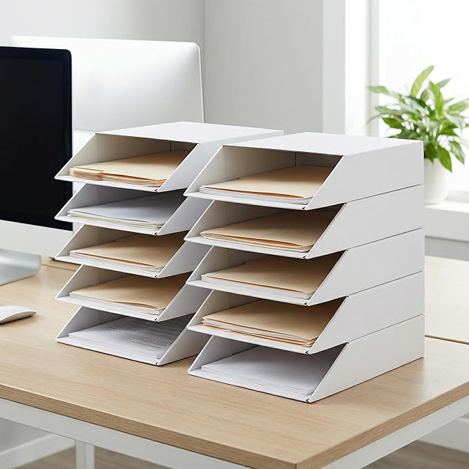 EXYGLO 30 Pack Stackable Cardboard Desk Organizer Trays, Desktop Letter Tray for Document File Mail Storage, White, 12x9x3 Inch