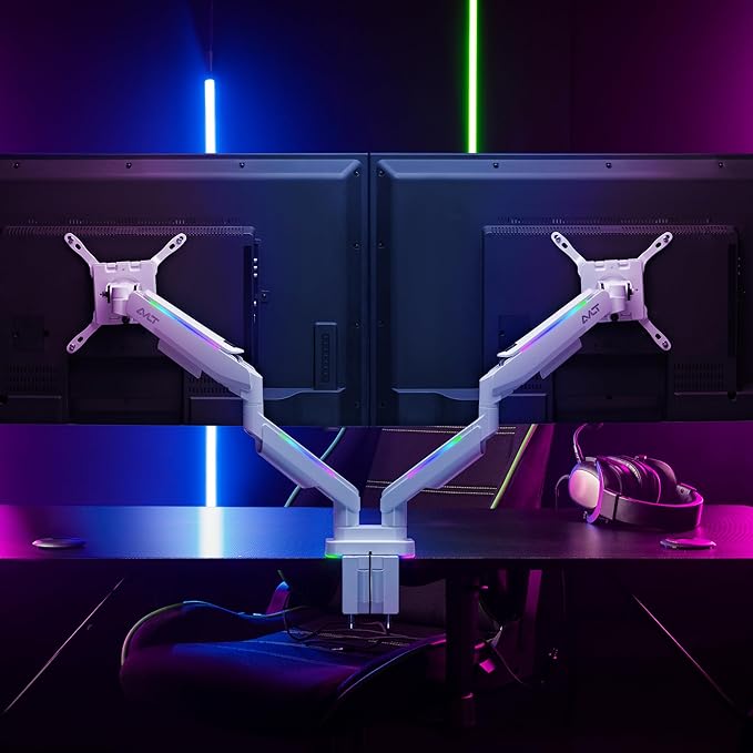 AVLT RGB Lights Dual 17??43??Gaming Monitor Arm Desk Mount, Fits Two Flat/Curved/Ultrawide Screen up to 44lbs(20kg), Height Swivel Tilt Adjustable Stand ??White