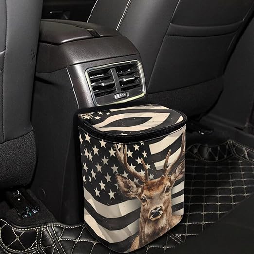 Biyejit USA Flag Deer Car Trash Can, Leak-Proof Waterproof Trash Bin Collapsible Portable Auto Garbage Bag Large Capacity Trashcan Storage Bag Multipurpose Car Organizer Hanging