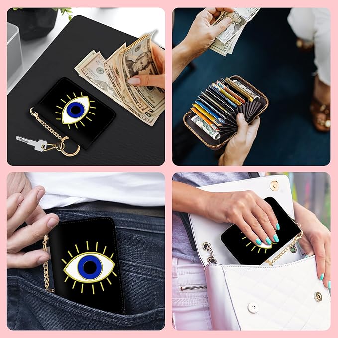 Blusabaca RFID Credit Card Holder Wallets for Women, Small Evil Eye Card Case Wallet with Removable Keychain and Zipper, Leather Card Holder Pocket Business Card Accordion Wallet