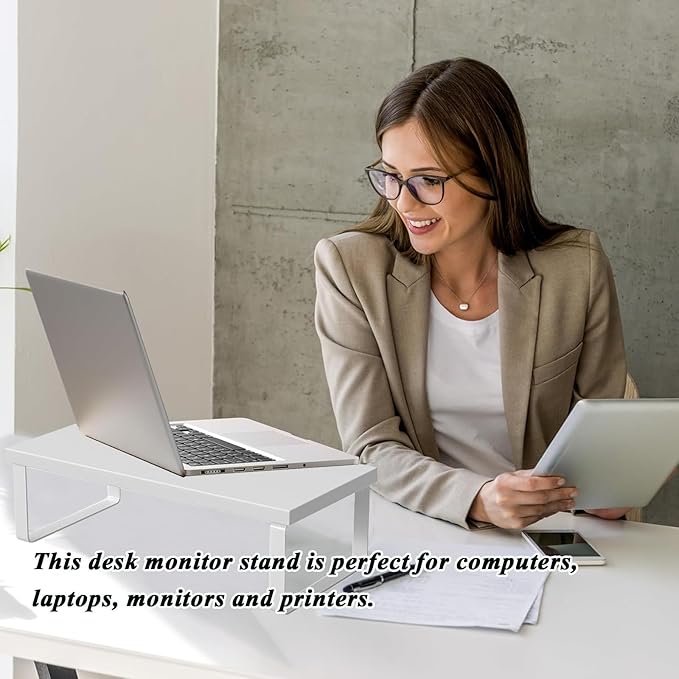 Stable Wood Computer Monitor Stand for Desk Organizer, Anti-slip Computer Riser Monitor Shelf for PC Laptop Notebook Home & Office (White)
