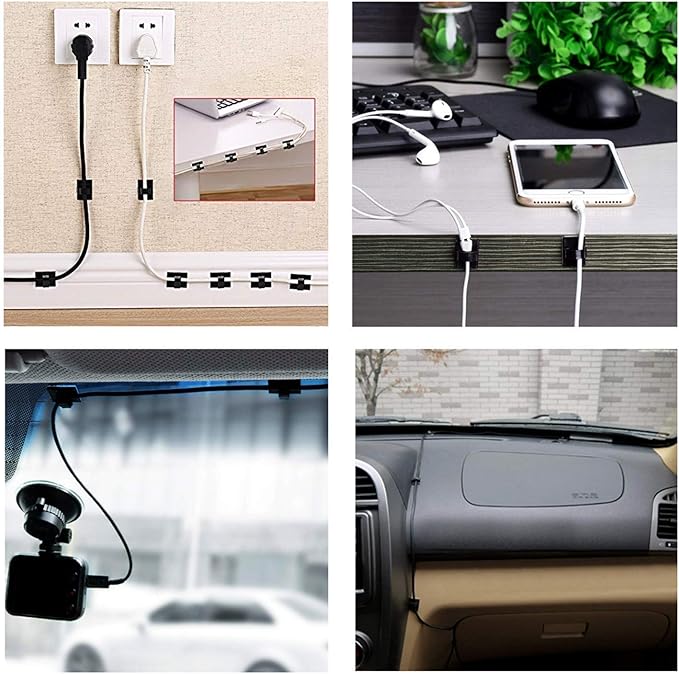 Cable Clips Self with 3M Adhesive Cord Organizer, Wire Holder Clamp Management Sticky for Desk Car Dash Cam Tables Wall, Black 50pcs