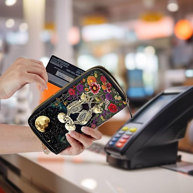 Wallet,Leather Long Wallet Suitable For Ladies And Teenagers - Detachable Wristband + RFID Travel Wallet With Card Slot - Skeleton Floral