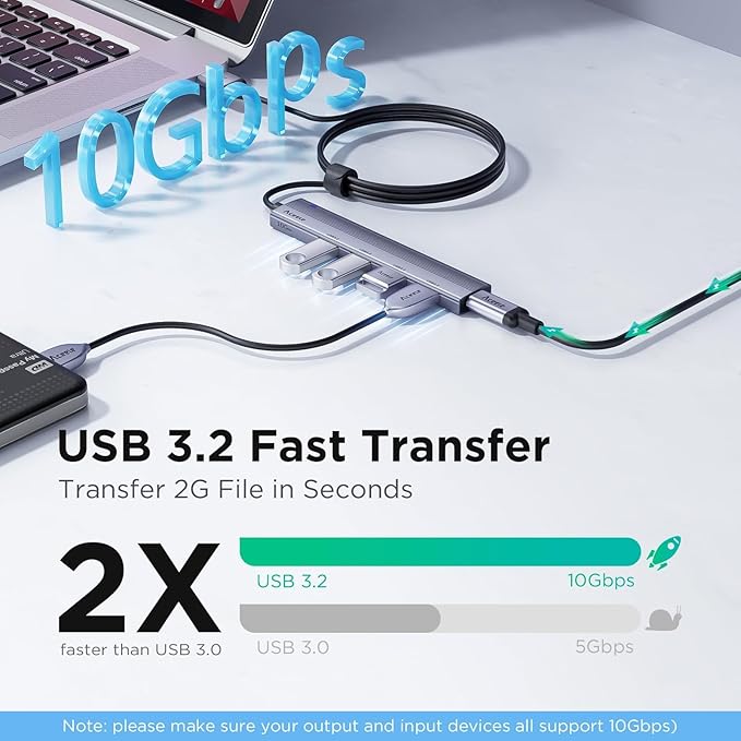 Aceele 10Gbps USB 3.2 Hub with 4 USB A 3.2 Ports, USB 3.2 Gen 2 Splitter with 4ft Extented Long Data Cable and Type-C Power Port, for Chromebook,Surface Pro 3,iMac,PS4 Flash Drive Data and More